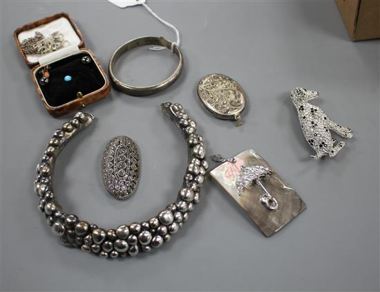 Mixed items including costume jewellery, modern silver oval pendant, white metal bangle and a jewellery box.